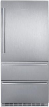 Liebherr CS-2080 LI-36"BTM MTN REF/FZR FRENCH DR IM sleek stainless steel bottom mount freezer refrigerator.