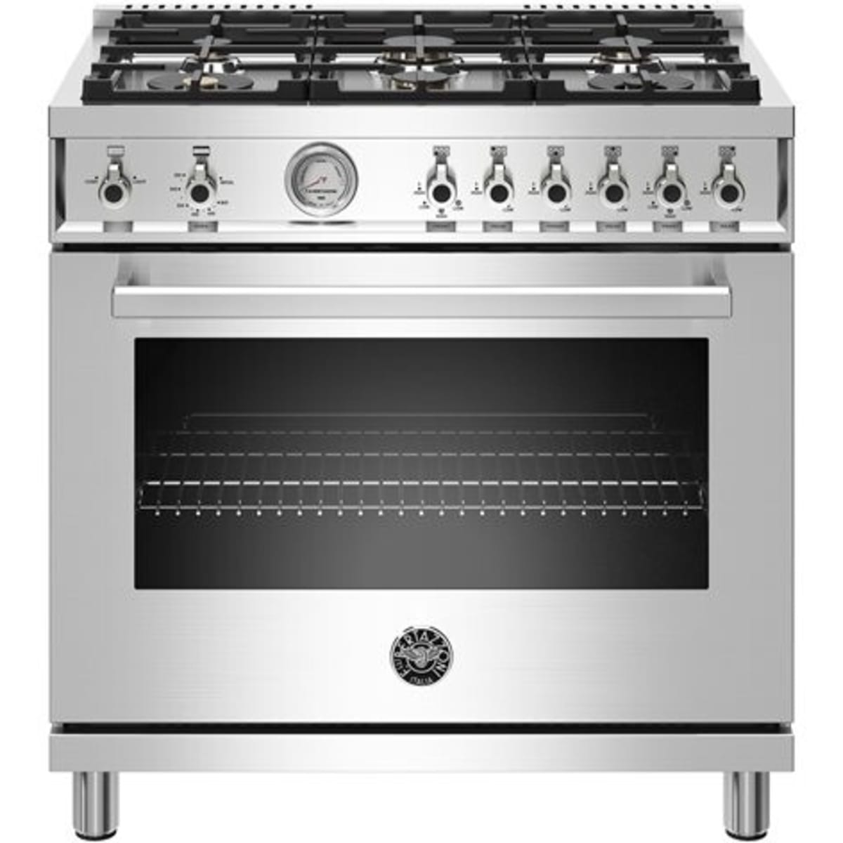 Bertazzoni PROF366GASXTLP 36 Inch Freestanding Professional gas range with stainless steel finish and 6 brass burners.