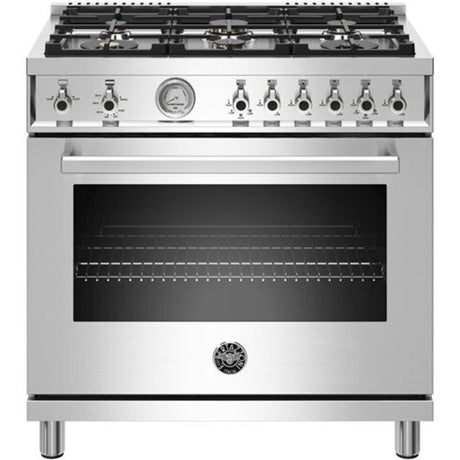 Bertazzoni PROF366GASXTLP 36 Inch Freestanding Professional gas range with stainless steel finish and 6 brass burners.