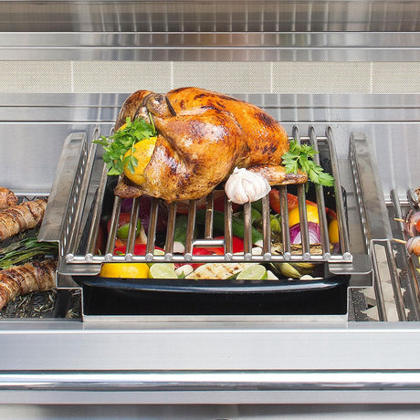 Delicious roasted chicken on a grill with colorful vegetables, showcasing premium outdoor cooking appliances.