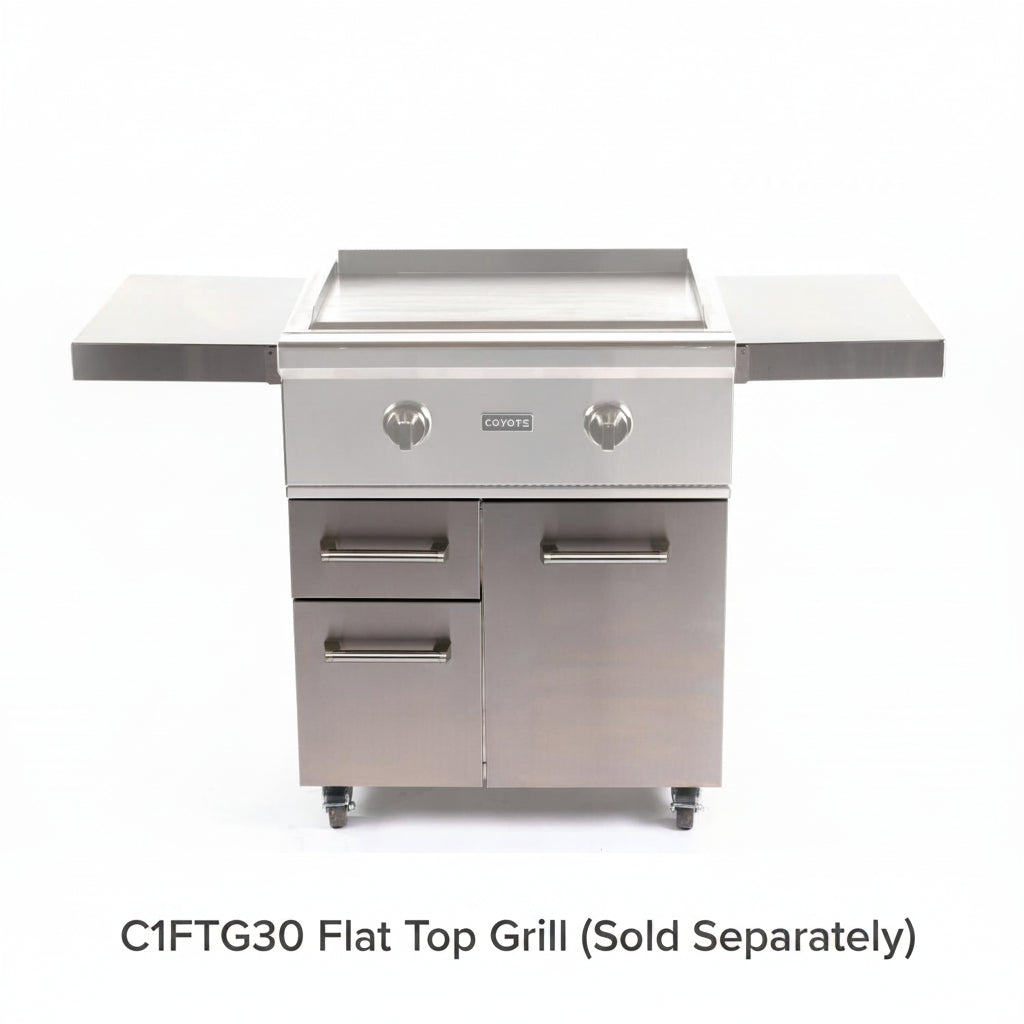 COYOTE C1FTCART 30" Flat Top Grill Cart with stainless steel finish and storage compartments.