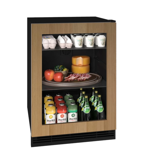 U-Line UHRE124-IG81A UL-GLS REF 24" REV HNGE INTEG FRAME 115V with various food and drinks displayed.