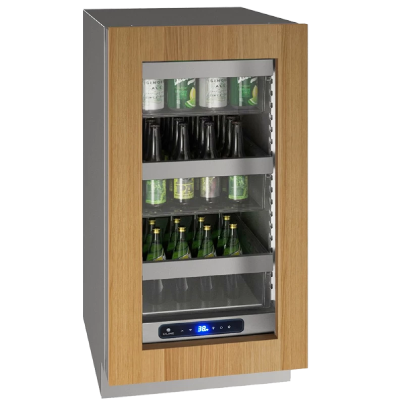 U-Line UHRE518-IG01A UL-GLASS REF 18" REV HINGE INTR 115V luxury beverage cooler with adjustable shelves and digital display.