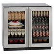 U-Line 3036RRGLS-00B UL-REFRIGERATOR 36" STAINLESS displaying beverages and food, ideal for appliance liquidation and discounted premium appliances.