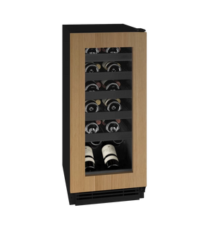 U-Line UHWC115-IG01A UL-WINE CAP 15" REV HINGE INT FRAME 115V wine cooler with stylish wooden finish and glass door.