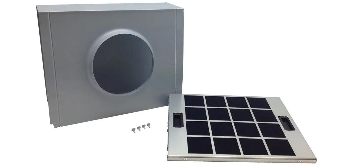 BOSCH HCREC5UC Recirculation Kit for All Chimney Wall Hoods with charcoal filter and installation accessories.