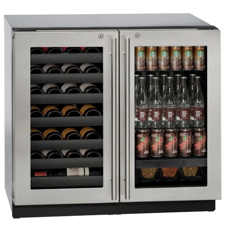 U-Line 3036BVWCS-13B UL-BEVERAGE CENTER/WINE 36" SS LOCK DR. wine cooler with adjustable glass shelves.