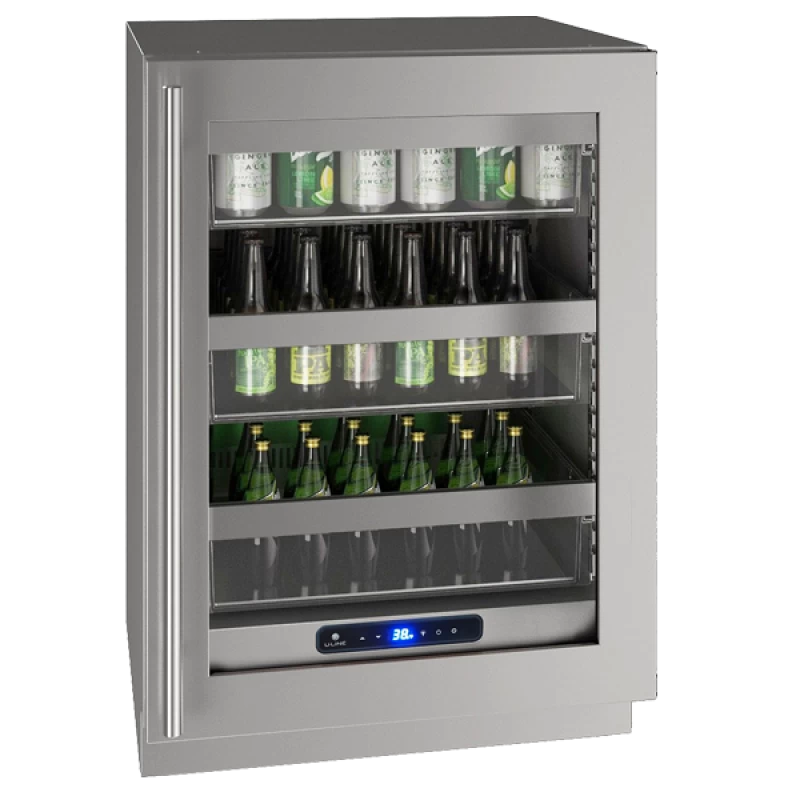U-Line UHRE524-SG81A UL-GLS REF 24" REV HNGE SS FRAME 115V BR wine cooler with adjustable shelves.
