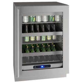 U-Line UHRE524-SG81A UL-GLS REF 24" REV HNGE SS FRAME 115V BR wine cooler with adjustable shelves.