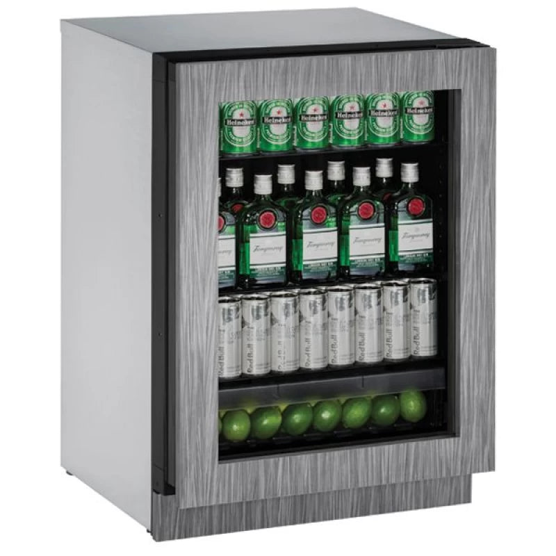 U-Line 2224RGLINT-00B UL-REFRIGERATOR 24" GLAS DOOR INTEG with beverages and fresh limes, premium appliance for open box appliances.