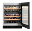 Liebherr WUGB-3400 LI-UNDER-COUNTER DOUBLE ZONE WINE T/OPEN showcasing wine bottles in a stylish under counter wine cooler.