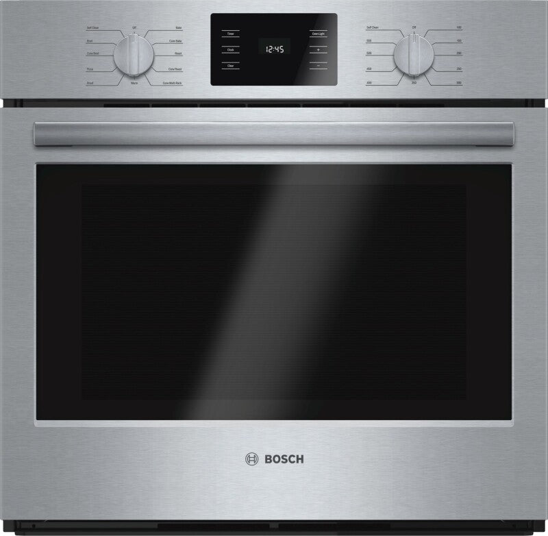 Bosch HBL5451UC BO-500 SER 30IN SINGLE WALL OVEN SS featuring stylish metal knobs and sleek stainless steel design.