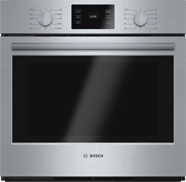 Bosch HBL5451UC BO-500 SER 30IN SINGLE WALL OVEN SS featuring stylish metal knobs and sleek stainless steel design.