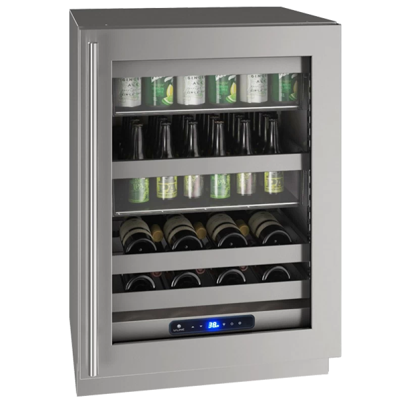 U-Line UHBV524-SG41A UL-BEV CENTER 24" LOCK RH STAINLESS 115V wine cooler with glass door and adjustable shelves.