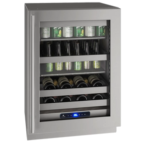U-Line UHBV524-SG41A UL-BEV CENTER 24" LOCK RH STAINLESS 115V wine cooler with glass door and adjustable shelves.
