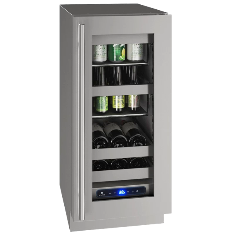 U-Line UHBV515-SG01A UL-BEV CENTER 15" REV HG STAINLESS 115V with adjustable shelves for liquor and wine storage.
