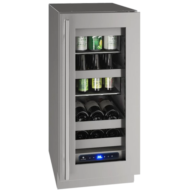 U-Line UHBV515-SG01A UL-BEV CENTER 15" REV HG STAINLESS 115V with adjustable shelves for liquor and wine storage.