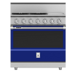 Hestan KRD364GDNGBU - RANGE, 4 BURNER WITH GRIDDLE, DUAL FUEL, 36" - NG - BLUE on display in a stylish kitchen setting.