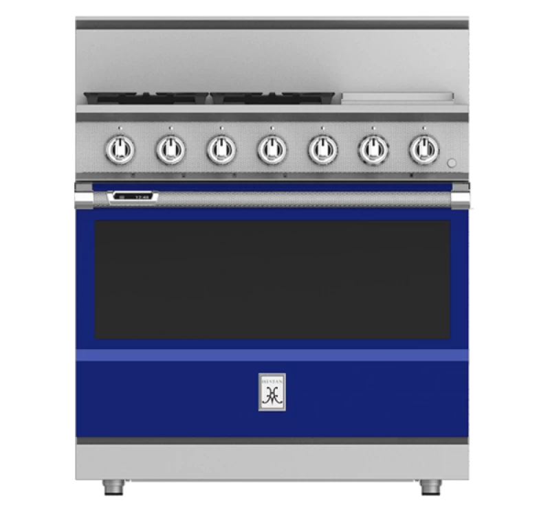 Hestan KRD364GDNGBU - RANGE, 4 BURNER WITH GRIDDLE, DUAL FUEL, 36" - NG - BLUE on display in a stylish kitchen setting.