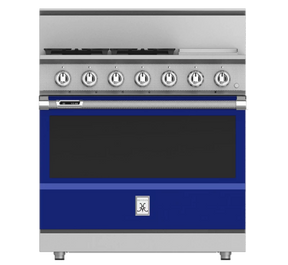 Hestan KRD364GDNGBU - RANGE, 4 BURNER WITH GRIDDLE, DUAL FUEL, 36" - NG - BLUE on display in a stylish kitchen setting.