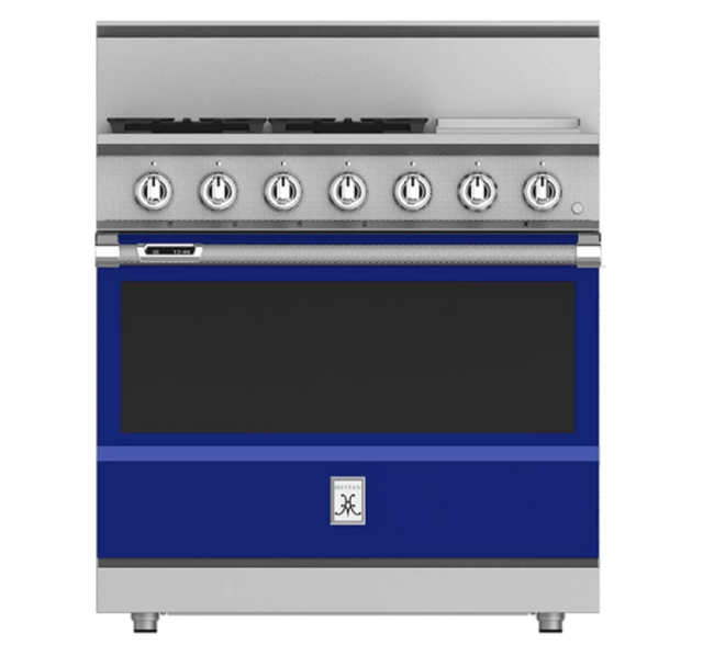 Hestan KRD364GDNGBU - RANGE, 4 BURNER WITH GRIDDLE, DUAL FUEL, 36" - NG - BLUE on display in a stylish kitchen setting.