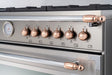 Bertazzoni DSHERTKHPC BZ-DECOR ST 1, RNGE & HD KIT, POL COPPER control knobs and gauge on premium gas range.