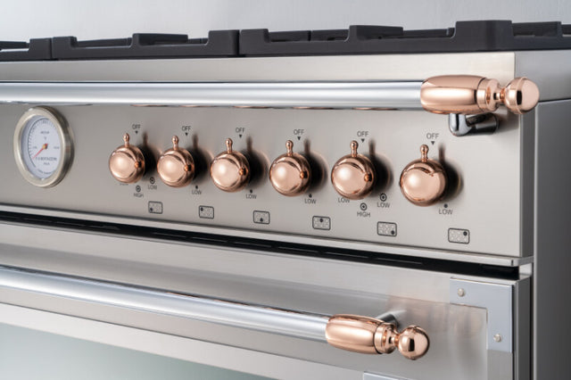 Bertazzoni DSHERTKHPC BZ-DECOR ST 1, RNGE & HD KIT, POL COPPER control knobs and gauge on premium gas range.