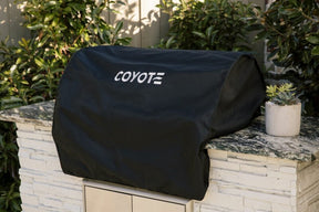 Coyote CCVR42-BI CO-COVER FOR CS42 black vinyl cover on outdoor grill with white embroidered lettering