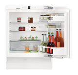 LIEBHERR UR500 24 Inch Built-In Undercounter Refrigerator with GlassLine Shelves, Egg Tray, Gallon Storage open with items inside.