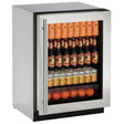 U-Line 2224RGLS-13B UL-REFRIGERATOR 24" GLASS DOOR STAIN displaying beverages and fruit in a sleek stainless steel design.