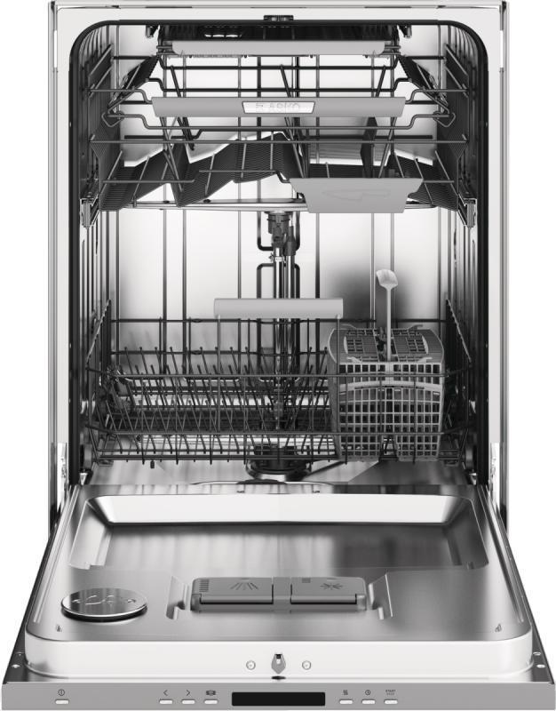 ASKO DBI664IXXLS 40 Series, Stainless, 42 dBA, Integrated Handle, XXL interior view with rack and basket.