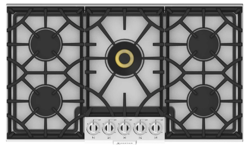 HESTAN KGC36 36" PROFESSIONAL GAS COOKTOP- missing grate with five burners and stainless steel surface.