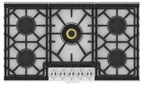 HESTAN KGC36 36" PROFESSIONAL GAS COOKTOP- missing grate with five burners and stainless steel surface.