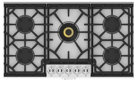HESTAN KGC36 36" PROFESSIONAL GAS COOKTOP- missing grate with five burners and stainless steel surface.