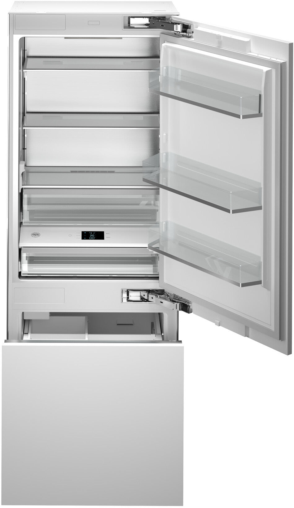 BERTAZZONI REF30BMBZPNV 30 Inch Panel Ready Built-In Bottom Mount Refrigerator with 16 Cu. Ft. Total Capacity shown with open doors.