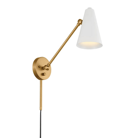 Kichler 52485NBRW - 1-Light Wall Sconce in Natural Brass/Brown Finish with adjustable arm and white shade.