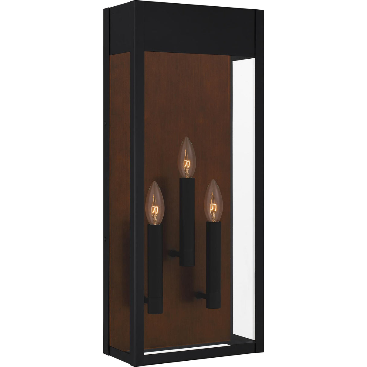 Quoizel MAE8410MBK - Maren 3-Light Outdoor Wall Lantern in Matte Black showcasing modern design and clear glass panels.