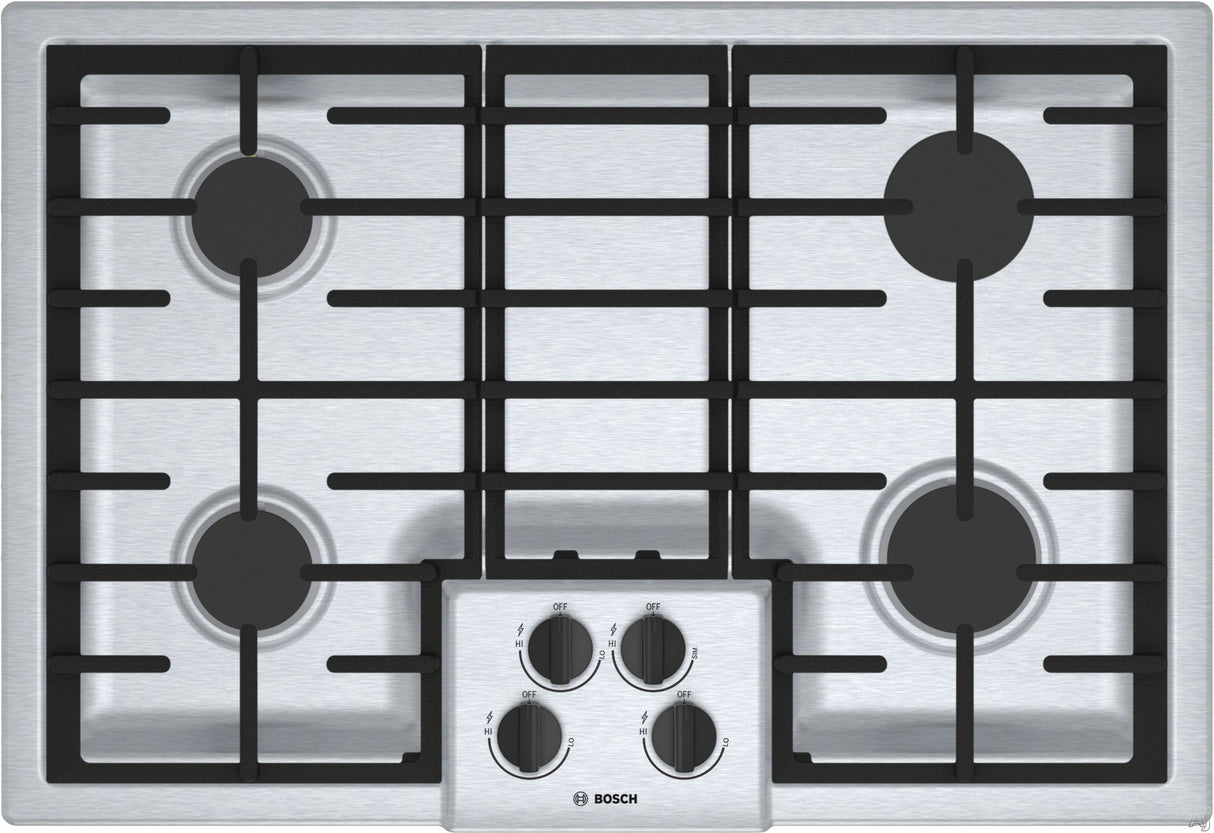 Bosch NGM5056UC BO-30" GAS COOKTOP 4 BURNERS SS featuring sleek stainless steel design and high-efficiency burners.