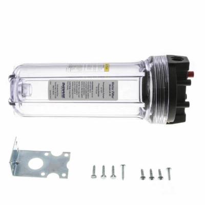 Everpure EV910001 10 inch Clear filter housing with screws and mounting bracket for water filtration.