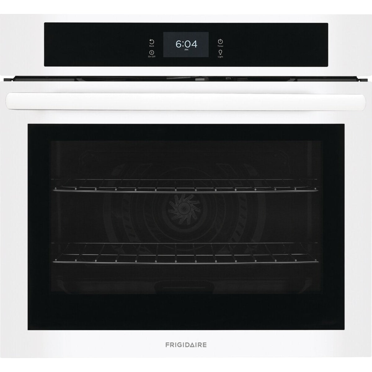 FRIGIDAIRE FCWS3027AW 30" Single Electric Wall Oven With Fan Convection WHITE with digital display and glass front.