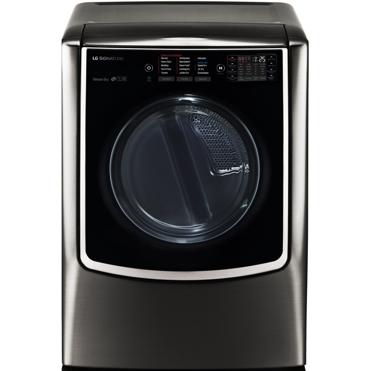 LG SIGNATURE DLEX9500K 9.0 cu. ft. Large Smart wi-fi Enabled Electric Dryer w/ TurboSteam™ front view with control panel.