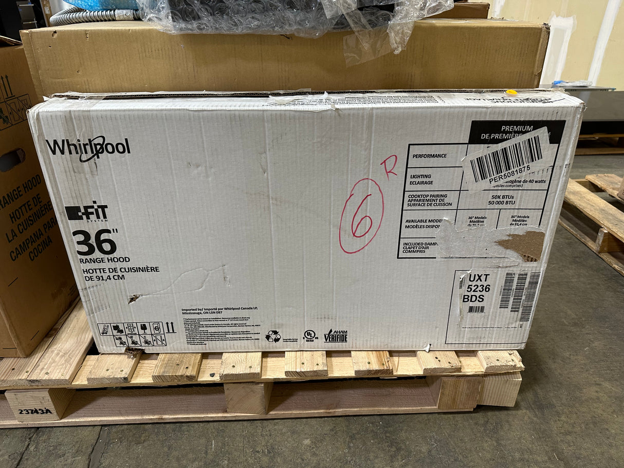 WHIRLPOOL UXT5236BDS 36" Convertible Range Hood - Stainless steel in original packaging on pallet.