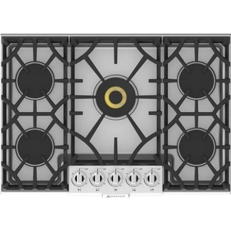 Hestan KGC30 - 30 Inch Gas Cooktop with 5 Sealed Burners featuring continuous cast-iron grates and precision control knobs.