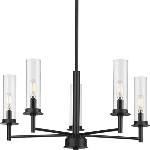 Progress Lighting P400251-031 - Kellwyn 5-Light Chandelier in Matte Black with Clear Glass Shades, perfect for luxury appliances sale.