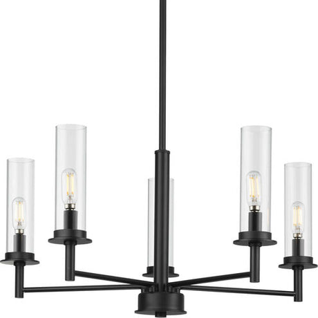 Progress Lighting P400251-031 - Kellwyn 5-Light Chandelier in Matte Black with Clear Glass Shades, perfect for luxury appliances sale.