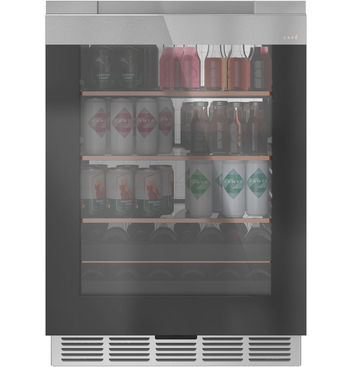 Cafe CCR06BM2PCS5 - Beverage Center in Platinum Glass showcasing drinks, ideal for appliance liquidation and overstock appliances.
