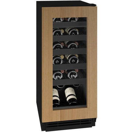 U-Line UHWC115-IG01A UL-WINE CAP 15" REV HINGE INT FRAME 115V - Scratch & Dent wine cooler with wooden front.