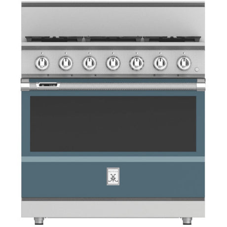 Hestan KRD365-NG-GG - 36 Inch Dual Fuel Range with 5 Burners, 5.8 cu. ft. Oven Capacity - Pacific Fog in a modern kitchen setting.