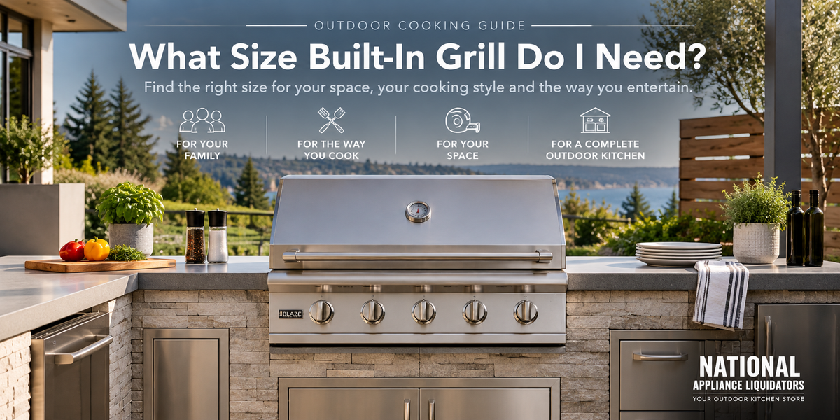 Built-in grill in an outdoor kitchen showing size and countertop space