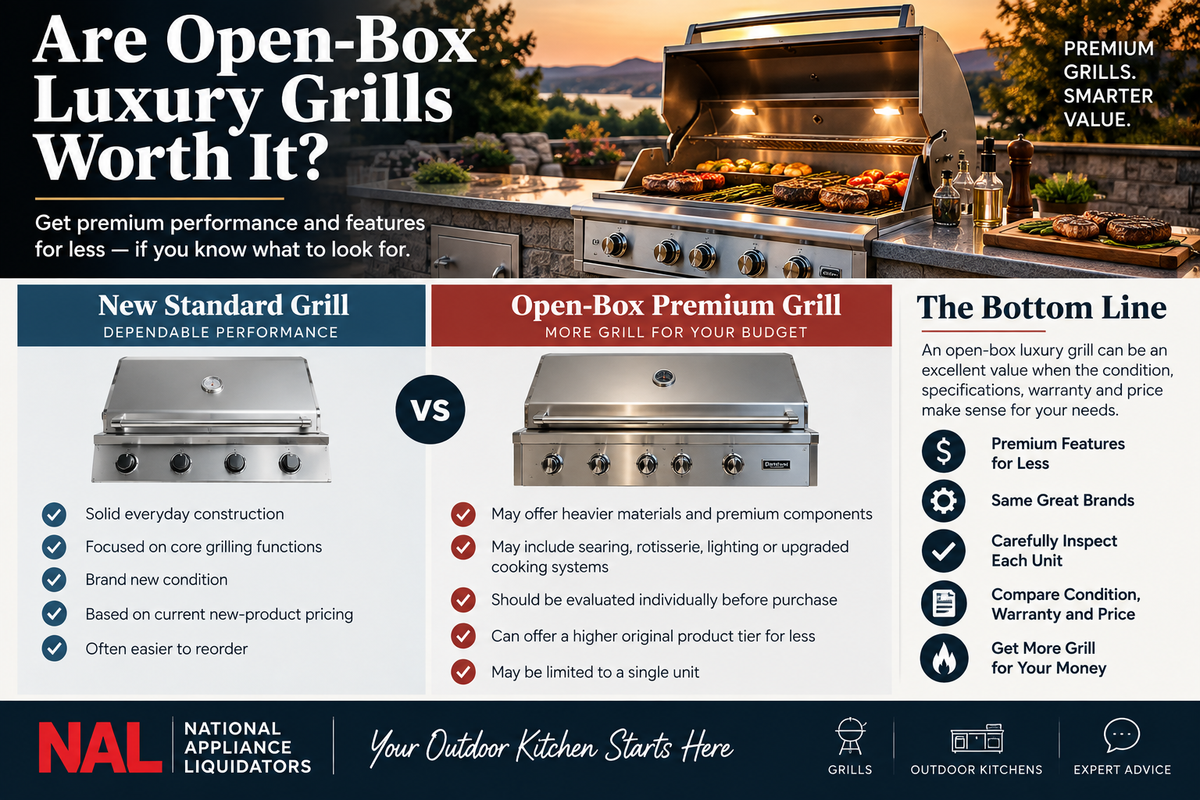 Open-box luxury built-in grill in a premium outdoor kitchen at sunset